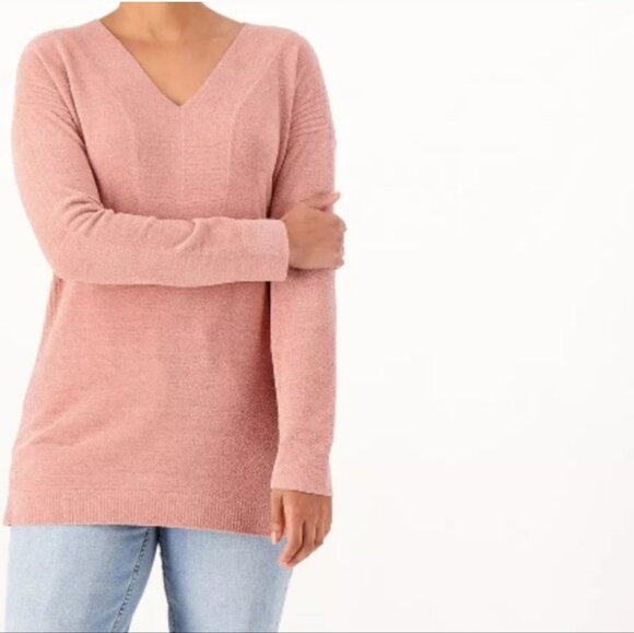 Barefoot Dreams New CozyChic Ultra Lite V-Neck Wild Rose Pink Sweater SZ Medium